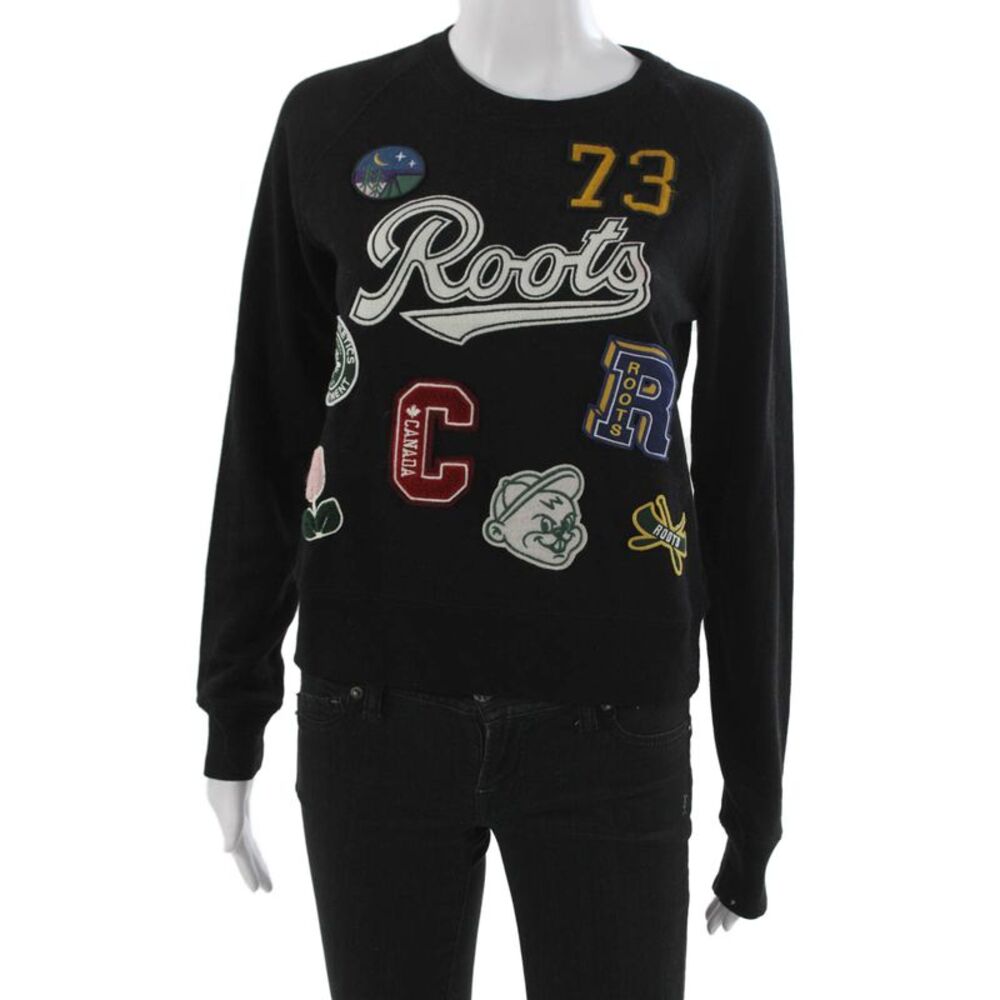 Roots Unisex Pullover Sweater Black Crewneck Graphic Longsleeve Size XS